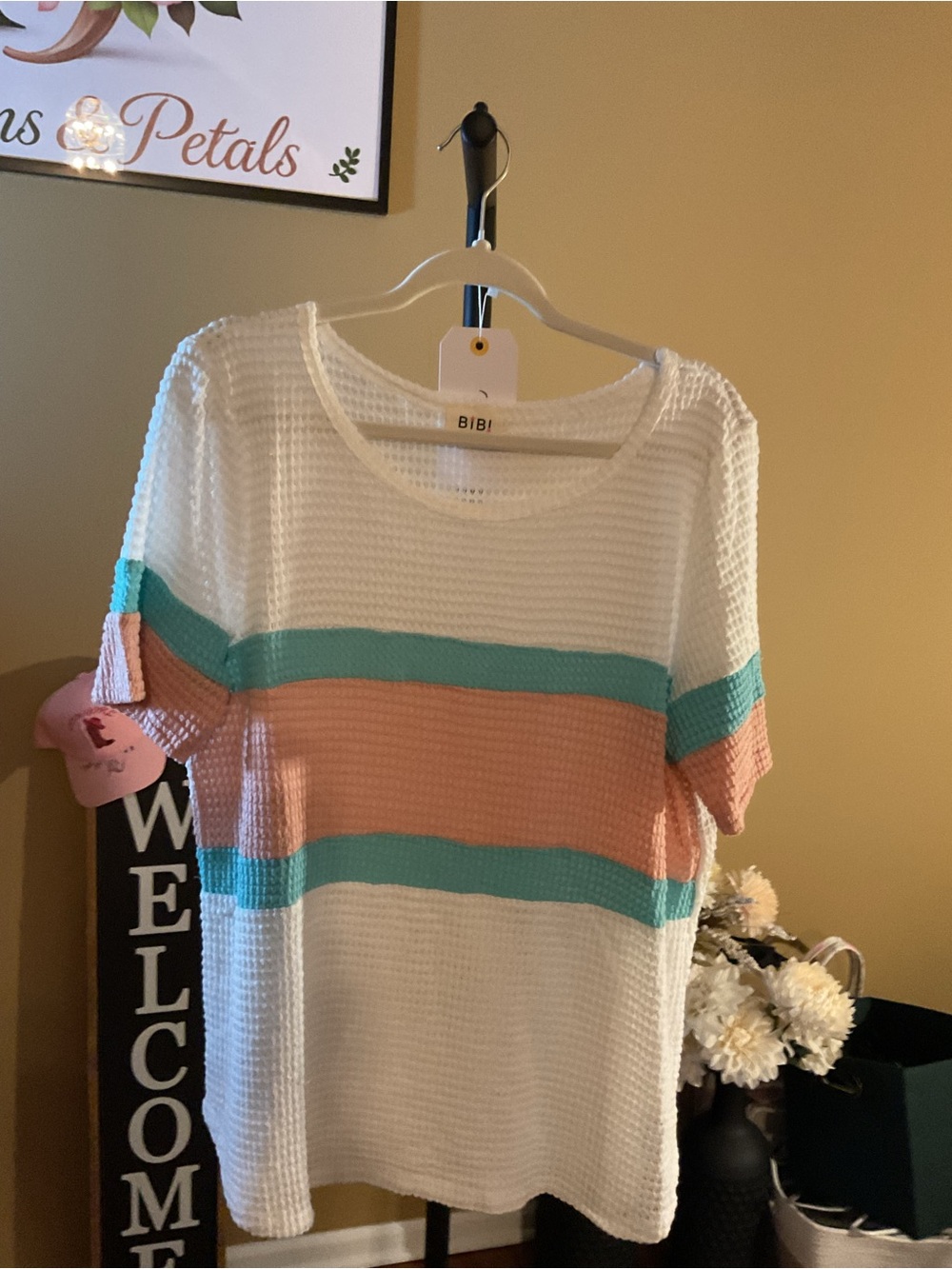 BiBi White Short Sleeve Waffle Top with Peach and Teal Stripes